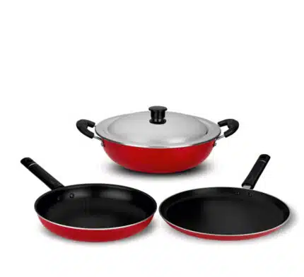 Ideal Ever Non-stick Tawa-270mm Kadai-240mm FryPan-240mm with Steel Lid 4Pcs Coated Jumbo Set